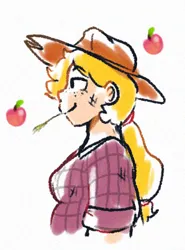 Size: 352x476 | Tagged: safe, artist:punkittdev, derpibooru import, applejack, human, apple, bust, clothes, female, food, humanized, image, lidded eyes, plaid shirt, png, profile, shirt, smiling, solo, straw in mouth