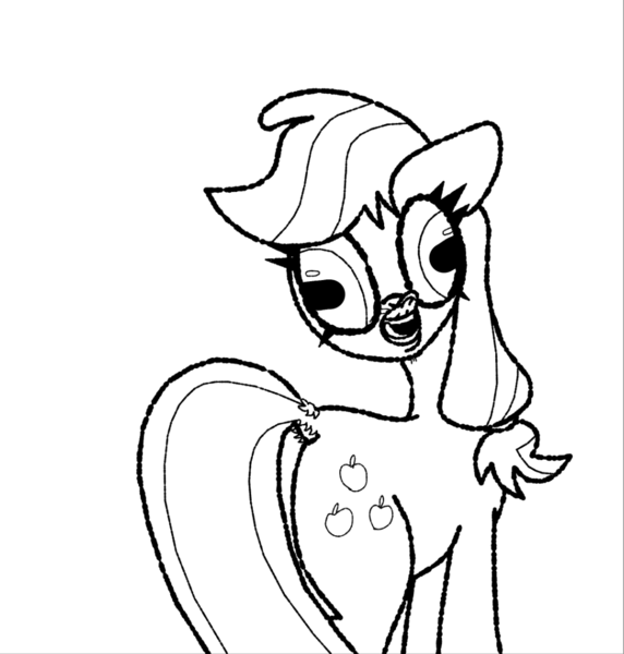 Size: 1004x1053 | Tagged: safe, artist:scandianon, derpibooru import, applejack, pony, derp, female, flehmen response, floppy ears, hoers, horses doing horse things, image, looking at you, looking back, looking back at you, mare, monochrome, png, rectangular pupil, simple background, white background