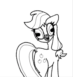 Size: 1004x1053 | Tagged: safe, artist:scandianon, derpibooru import, applejack, pony, derp, female, flehmen response, floppy ears, hoers, horses doing horse things, image, looking at you, looking back, looking back at you, mare, monochrome, png, rectangular pupil, simple background, white background
