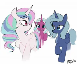 Size: 2048x1723 | Tagged: safe, artist:petaltwinkle, derpibooru import, princess celestia, princess luna, alicorn, pony, g5, grin, image, jpeg, looking back, nervous, nervous grin, opaline arcana, s1 luna, scene interpretation, signature, simple background, smiling, trio, white background, younger