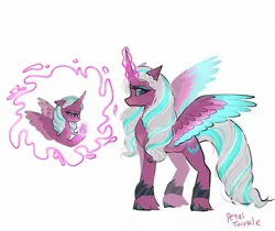 Size: 2048x1723 | Tagged: safe, artist:petaltwinkle, derpibooru import, alicorn, pony, g5, crying, female, fire, glow, glowing horn, horn, image, jpeg, looking at you, mare, opaline arcana, signature, simple background, solo, spread wings, white background, wings