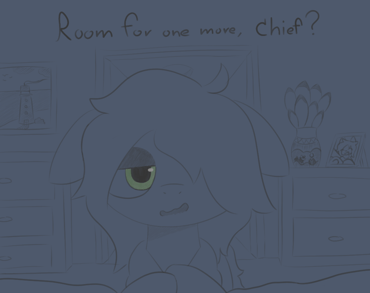 Size: 1020x807 | Tagged: safe, artist:castafae, derpibooru import, oc, oc:radio, unofficial characters only, earth pony, pony, bedroom, female, floppy ears, hair over one eye, image, lidded eyes, mare, monochrome, png, solo, tired