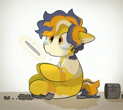 Size: 3066x2749 | Tagged: safe, artist:mochi_nation, derpibooru import, oc, oc:moth, unofficial characters only, earth pony, pony, coat markings, crying, female, floppy ears, image, jpeg, mare, shackles, sitting, solo, stylus, tears of joy