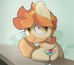Size: 2236x1942 | Tagged: safe, artist:mochi_nation, derpibooru import, oc, oc:flame egg, unofficial characters only, earth pony, pony, bar, eye clipping through hair, female, hoof on chin, image, jpeg, lidded eyes, mare, martini glass, silhouette, smiling, solo focus