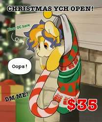 Size: 2243x2701 | Tagged: safe, artist:mochi_nation, derpibooru import, oc, oc:moth, unofficial characters only, earth pony, pony, candy, candy cane, christmas, christmas stocking, christmas tree, coat markings, commission, female, food, holiday, hoof hold, image, jpeg, mantle, mare, solo, text, tree, ych example, your character here