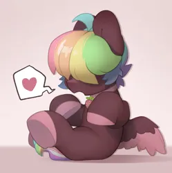 Size: 2625x2636 | Tagged: safe, artist:mochi_nation, derpibooru import, oc, oc:walter evans, unofficial characters only, pegasus, pony, art trade, gradient background, hair over eyes, heart, image, jpeg, male, multicolored hair, pictogram, rainbow hair, sitting, solo, speech bubble, stallion