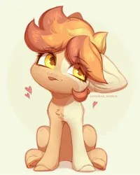 Size: 2400x3000 | Tagged: safe, artist:avroras_world, derpibooru import, oc, oc:flame egg, earth pony, pony, art trade, coat markings, eye clipping through hair, female, heart, image, jpeg, mare, simple background, sitting, solo, tongue out, yellow background