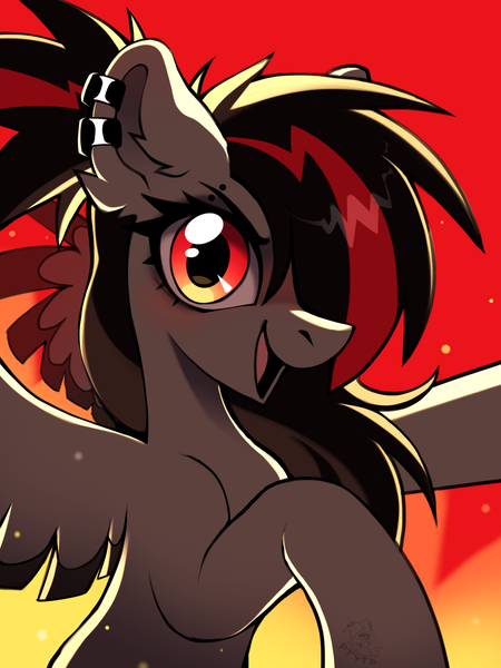 Size: 1620x2160 | Tagged: safe, artist:rtootb, derpibooru import, oc, oc:era, unofficial characters only, pegasus, pony, advertisement, big ears, big eyes, black mane, cute, ear fluff, ear piercing, eyebrow piercing, female, fire, floppy ears, gray fur, image, looking at you, mare, open mouth, pegasus oc, piercing, png, ponytail, raised hoof, red and black mane, red eyes, simple background, smiling, smiling at you, spread wings, wings