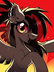 Size: 1620x2160 | Tagged: safe, artist:rtootb, derpibooru import, oc, oc:era, unofficial characters only, pegasus, pony, advertisement, big ears, big eyes, black mane, cute, ear fluff, ear piercing, eyebrow piercing, female, fire, floppy ears, gray fur, image, looking at you, mare, open mouth, pegasus oc, piercing, png, ponytail, raised hoof, red and black mane, red eyes, simple background, smiling, smiling at you, spread wings, wings