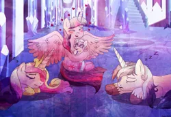 Size: 1170x804 | Tagged: safe, artist:asika-aida, derpibooru import, princess cadance, princess flurry heart, shining armor, twilight sparkle, twilight sparkle (alicorn), alicorn, pony, hug, image, jpeg, parenting, sleeping, the joy of parenting