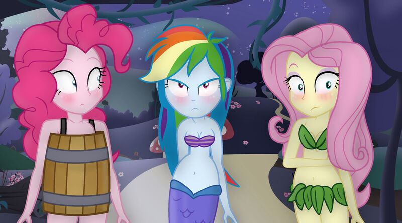 Size: 1280x712 | Tagged: suggestive, artist:grapefruit-face, derpibooru import, fluttershy, pinkie pie, rainbow dash, human, mermaid, fanfic:equestria girls n' goblins, equestria girls, almost nude, barrel, bikini, blushing, breasts, busty fluttershy, busty pinkie pie, busty rainbow dash, clothes, eyeshadow, female, humanized, image, jpeg, leaf, leaf bikini, makeup, mermaidized, species swap, story included, swimsuit, trio, unamused, wonderland