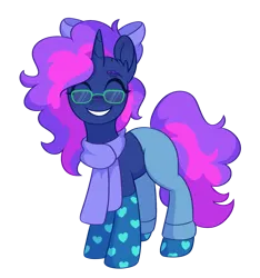 Size: 1437x1536 | Tagged: safe, artist:skysorbett, derpibooru import, oc, oc:crystal dawn, unofficial characters only, pony, unicorn, derpibooru community collaboration, 2024 community collab, bow, clothes, eyes closed, glasses, hair bow, image, pants, png, scarf, simple background, socks, solo, transparent background, two toned mane, wide smile