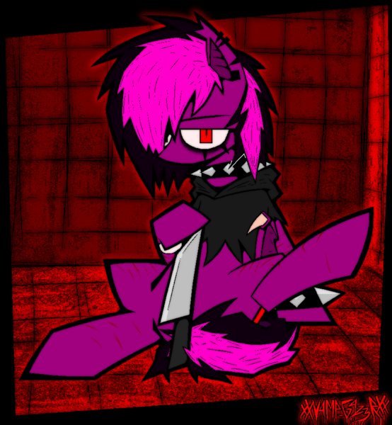 Size: 1790x1940 | Tagged: safe, artist:xxv4mp_g4z3rxx, derpibooru import, oc, oc:violet valium, bat pony, pony, bags under eyes, bat pony oc, bat wings, bracelet, clothes, collar, derpibooru exclusive, ear piercing, eyeliner, folded wings, hoodie, hospital band, image, knife, looking at you, makeup, one leg raised, piercing, png, red background, red eyes, scar, signature, simple background, sitting, solo, spiked collar, spiked wristband, tail, torn clothes, torn ear, two toned mane, two toned tail, wings, wristband