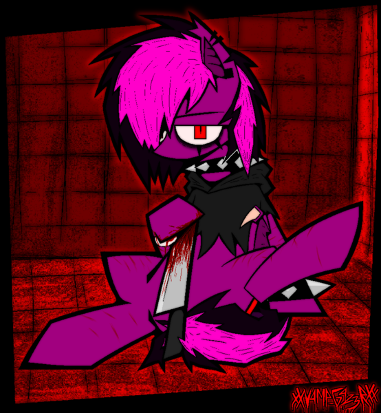 Size: 1790x1940 | Tagged: semi-grimdark, artist:xxv4mp_g4z3rxx, derpibooru import, oc, oc:violet valium, bat pony, pony, bags under eyes, bat pony oc, bat wings, blood, bracelet, clothes, collar, derpibooru exclusive, ear piercing, eyeliner, folded wings, hoodie, hospital band, image, knife, looking at you, makeup, one leg raised, piercing, png, red background, red eyes, scar, signature, simple background, sitting, solo, spiked collar, spiked wristband, tail, torn clothes, torn ear, two toned mane, two toned tail, wings, wristband