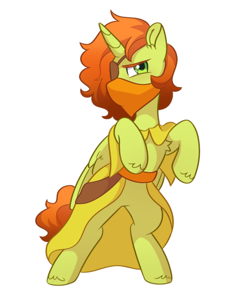 Size: 1208x1520 | Tagged: safe, artist:skysorbett, derpibooru import, oc, oc:dusty dunes, unofficial characters only, alicorn, derpibooru community collaboration, 2024 community collab, alicorn oc, clothes, eyepatch, horn, image, png, simple background, solo, standing on two hooves, transparent background, wings