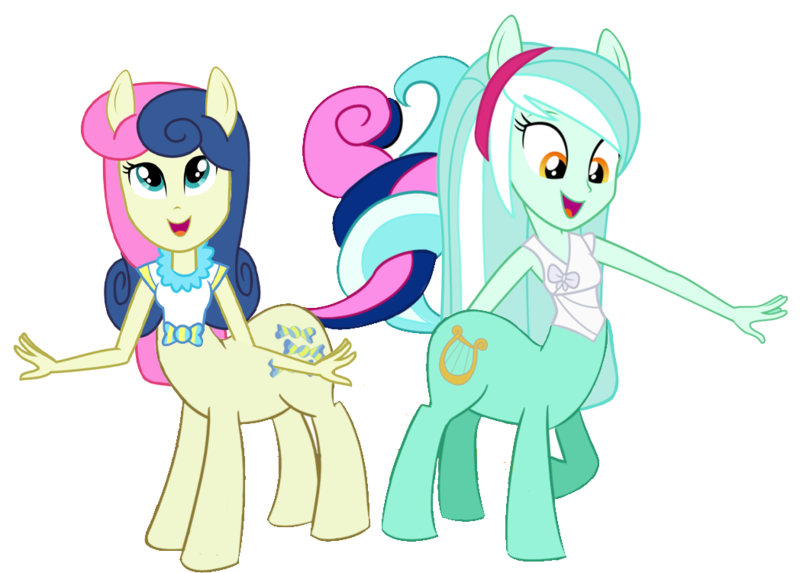 Size: 1048x750 | Tagged: safe, artist:205tob, derpibooru import, bon bon, lyra heartstrings, sweetie drops, centaur, earth pony, human, pony, taur, unicorn, equestria girls, cute, duo, female, humanized, image, lesbian, lyrabetes, open mouth, open smile, png, smiling, tail, tail wrap