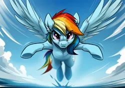 Size: 2048x1440 | Tagged: safe, ai content, derpibooru import, machine learning generated, rainbow dash, pegasus, pony, depth of field, determined look, female, flying, generator:easyfluff v11.2, image, jpeg, looking at you, mare, motion lines, perspective, prompter:siber, sky, solo, spread wings, wings