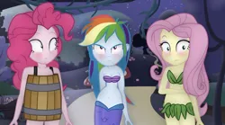 Size: 800x445 | Tagged: suggestive, artist:grapefruit-face, ponerpics import, fluttershy, pinkie pie, rainbow dash, mermaid, fanfic:equestria girls n' goblins, equestria girls, almost nude, fig leaf, image, jpeg, leaf bikini