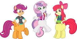 Size: 1213x626 | Tagged: safe, artist:205tob, derpibooru import, apple bloom, scootaloo, sweetie belle, centaur, earth pony, human, pegasus, pony, taur, unicorn, equestria girls, alternate clothes, alternate hairstyle, apple bloom's bow, bow, cute, cutealoo, cutie mark crusaders, female, grin, hair bow, humanized, image, jumping, png, smiling, spread wings, trio, wings