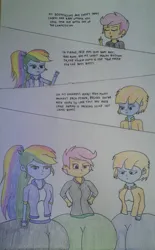 Size: 1280x2062 | Tagged: suggestive, artist:better-than-normal, derpibooru import, rainbow dash, scootaloo, windy whistles, human, comic:the best butt, equestria girls, adopted, adopted offspring, alternate hairstyle, argument, boasting, breasts, busty rainbow dash, busty windy whistles, comic, female, frown, humanized, image, jpeg, large butt, mother and child, mother and daughter, ponytail, scootadoption, siblings, sisters