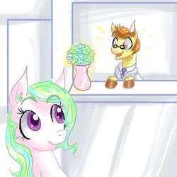 Size: 500x500 | Tagged: safe, artist:frostedminispooner, derpibooru import, oc, oc:freya, oc:nursery rhyme, pony, ask nursery rhyme, female, flower, glasses, image, magic, male, mare, png, stallion