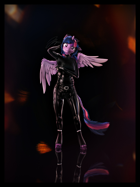 Size: 6000x8000 | Tagged: safe, artist:imafutureguitarhero, derpibooru import, sci-twi, twilight sparkle, twilight sparkle (alicorn), alicorn, anthro, classical unicorn, unguligrade anthro, unicorn, 3d, absurd resolution, adorasexy, alicornified, arm behind head, armpits, belt, black background, border, cheek fluff, chromatic aberration, clothes, cloven hooves, colored eyebrows, colored eyelashes, colored wings, cute, ear fluff, ear freckles, female, film grain, floppy ears, fluffy, freckles, fur, g4, glasses, glasses off, grin, head tilt, hoof boots, horn, image, jpeg, latex, latex clothes, latex suit, lens flare, leonine tail, looking at you, multicolored hair, multicolored mane, multicolored tail, neck fluff, nose wrinkle, one ear down, race swap, reflection, revamped anthros, revamped ponies, sci-twilicorn, sexy, shiny, signature, simple background, skintight clothes, smiling, smiling at you, solo, source filmmaker, spread wings, tail, two toned wings, unshorn fetlocks, wall of tags, wings