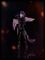 Size: 6000x8000 | Tagged: safe, artist:imafutureguitarhero, derpibooru import, sci-twi, twilight sparkle, twilight sparkle (alicorn), alicorn, anthro, classical unicorn, unguligrade anthro, unicorn, 3d, absurd resolution, adorasexy, alicornified, arm behind head, armpits, belt, black background, border, cheek fluff, chromatic aberration, clothes, cloven hooves, colored eyebrows, colored eyelashes, colored wings, cute, ear fluff, ear freckles, female, film grain, floppy ears, fluffy, freckles, fur, g4, glasses, glasses off, grin, head tilt, hoof boots, horn, image, jpeg, latex, latex clothes, latex suit, lens flare, leonine tail, looking at you, multicolored hair, multicolored mane, multicolored tail, neck fluff, nose wrinkle, one ear down, race swap, reflection, revamped anthros, revamped ponies, sci-twilicorn, sexy, shiny, signature, simple background, skintight clothes, smiling, smiling at you, solo, source filmmaker, spread wings, tail, two toned wings, unshorn fetlocks, wall of tags, wings