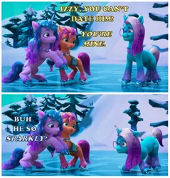 Size: 1325x1384 | Tagged: safe, derpibooru import, edit, edited screencap, screencap, izzy moonbow, sunny starscout, earth pony, pony, unicorn, g5, my little pony: make your mark, spoiler:g5, auroricorn, bipedal, bipedal leaning, comet (g5), comic, cute, dialogue, female, glasses, ice, ice skates, image, izzyscout, leaning, lesbian, male, mare, my little pony: make your mark chapter 6, png, screencap comic, secrets of starlight, ship:combow, shipping, skates, snow, stallion, straight, text, that pony sure does love glitter, tree