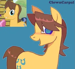 Size: 641x585 | Tagged: safe, artist:clowncarpal, derpibooru import, caramel, earth pony, pony, blue background, image, male, png, simple background, solo, stallion