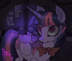 Size: 1746x1484 | Tagged: safe, artist:clowncarpal, derpibooru import, twilight sparkle, twilight sparkle (alicorn), alicorn, pony, bowtie, colored wings, colored wingtips, female, five nights at freddy's, image, jpeg, looking at you, mare, solo, wings