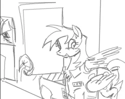 Size: 851x676 | Tagged: safe, artist:clowncarpal, derpibooru import, derpy hooves, pegasus, pony, black and white, clothes, computer, fan, female, five nights at freddy's, grayscale, image, mare, monochrome, png, sketch, solo