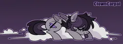 Size: 1611x582 | Tagged: safe, artist:clowncarpal, derpibooru import, oc, unofficial characters only, pegasus, pony, cloud, image, jpeg, on a cloud, purple background, simple background, sleeping, solo