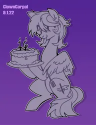 Size: 1574x2050 | Tagged: safe, artist:clowncarpal, derpibooru import, oc, unofficial characters only, pegasus, pony, birthday, cake, ear piercing, food, fork, image, jpeg, piercing, purple background, simple background, solo, wing hold, wings