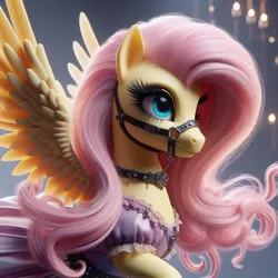 Size: 1024x1024 | Tagged: safe, ai content, machine learning generated, ponerpics import, ponybooru import, fluttershy, pegasus, pony, bing, bridle, clothed ponies, clothes, dress, female, image, jpeg, mare, purple dress, solo, spread wings, tack, wings