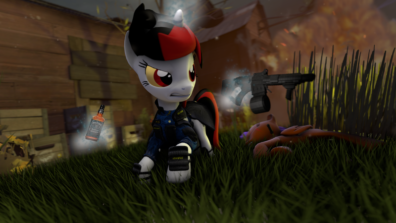 Size: 1920x1080 | Tagged: semi-grimdark, artist:freze field, derpibooru import, oc, oc:blackjack, pegasus, pony, unicorn, fallout equestria, fallout equestria: project horizons, 3d, alcohol, angry, clothes, explosives, fanfic art, female, gun, image, jack daniels, knife, magic, mare, png, solo, source filmmaker, uniform, weapon, whiskey, wild pegasus, yellow eyes