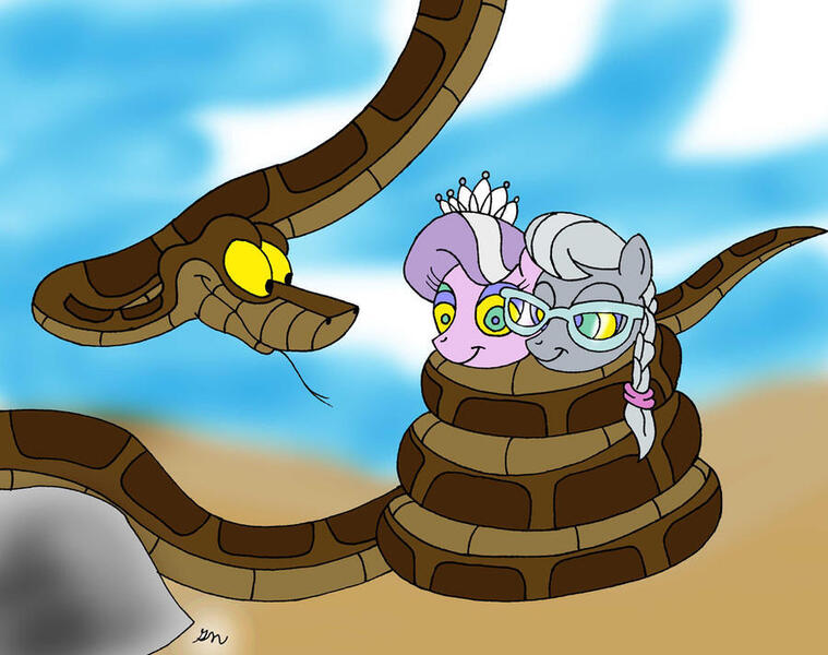 Size: 900x711 | Tagged: safe, artist:lol20, derpibooru import, diamond tiara, silver spoon, earth pony, pony, snake, coils, female, filly, foal, glasses, hypno eyes, hypnosis, hypnotized, image, jewelry, jpeg, kaa, kaa eyes, lidded eyes, male, smiling, tiara, trio, wrapped up