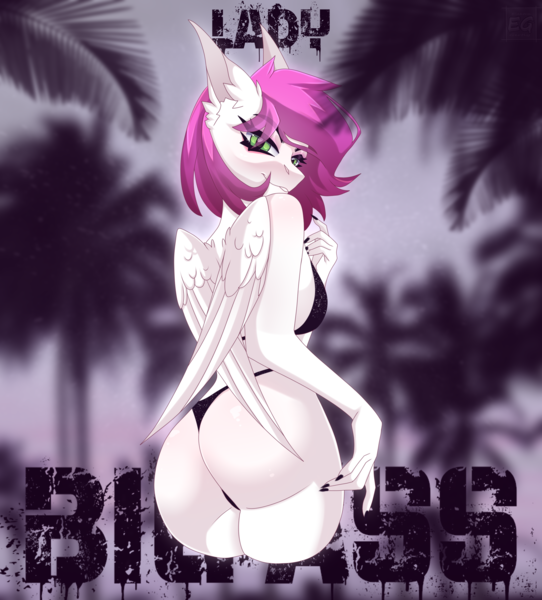 Size: 2342x2592 | Tagged: suggestive, artist:elektra-gertly, derpibooru import, oc, oc:ellie berryheart, unofficial characters only, anthro, pegasus, ass, big breasts, black eyeshadow, breasts, butt, clothed sex, clothes, ear fluff, erotica, eyeshadow, female, green eyes, image, large butt, long ears, looking at you, makeup, miami, panties, png, sex, sexy, smiling, solo, swimsuit, thong, underwear, wings