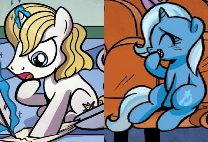 Size: 812x555 | Tagged: safe, derpibooru import, edit, idw, prince blueblood, trixie, pony, unicorn, spoiler:comic40, spoiler:comicdeviations, colt, colt blueblood, cropped, cute, diatrixes, female, filly, filly trixie, foal, g4, image, magic, magic aura, male, parchment, png, quill, ship:bluetrix, shipping, shipping domino, sitting, snickering, straight, younger