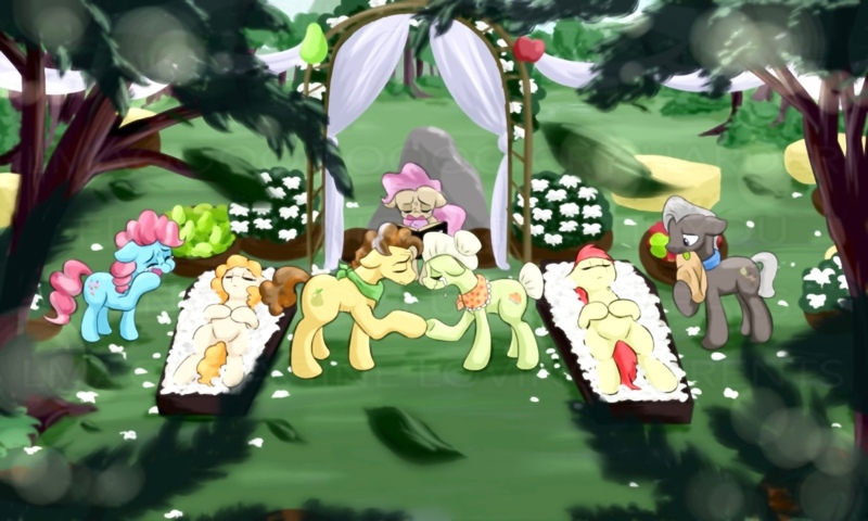 Size: 1170x702 | Tagged: safe, artist:phuocthiencreation, ponerpics import, ponybooru import, bright mac, burnt oak, cup cake, grand pear, granny smith, mayor mare, pear butter, apple, chiffon swirl, crying, curtain, dead, dead parents, espalier, food, forest, image, jpeg, parent, pear, tree