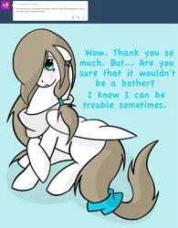 Size: 1280x1644 | Tagged: safe, artist:mayiamaru, derpibooru import, oc, oc:mayia, unofficial characters only, pegasus, pony, ask mayia, blue background, blushing, clothes, cyan background, female, image, mare, png, scarf, simple background, solo