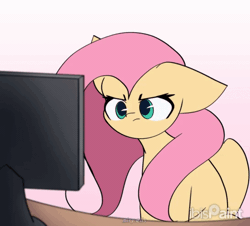 Size: 1550x1400 | Tagged: safe, artist:miryelis, derpibooru import, fluttershy, pegasus, pony, angry, animated, blushing, computer, computer reaction faces, cute, female, gif, gradient background, image, long hair, looking at you, madorable, mare, shy, shyabetes, signature, sitting, solo