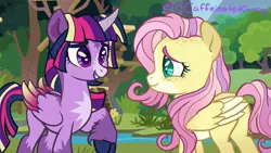 Size: 1280x720 | Tagged: safe, artist:caffeinatedcarny, derpibooru import, edit, edited screencap, screencap, fluttershy, twilight sparkle, twilight sparkle (alicorn), alicorn, pegasus, pony, alternate design, cloven hooves, freckles, g4, image, markings, png, redesign, redraw, screenshots, slit pupils, twitterina design, unshorn fetlocks