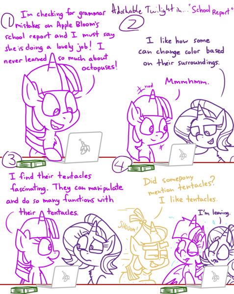 Size: 4779x6013 | Tagged: safe, artist:adorkabletwilightandfriends, derpibooru import, starlight glimmer, twilight sparkle, twilight sparkle (alicorn), alicorn, comic:adorkable twilight and friends, adorkable, adorkable twilight, book, comic, computer, cute, dork, happy, homework, image, kinky, laptop computer, lip bite, mood whiplash, nodding, png, scared, sitting, slice of life, smiling, table, taboo, tentacles