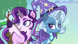 Size: 1280x720 | Tagged: safe, artist:caffeinatedcarny, derpibooru import, edit, edited screencap, screencap, starlight glimmer, trixie, unicorn, alternate design, cape, clothes, cloven hooves, g4, hat, image, markings, png, redesign, redraw, screenshots, twitterina design, unshorn fetlocks, wizard hat