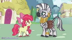 Size: 1893x1063 | Tagged: safe, artist:caffeinatedcarny, derpibooru import, edit, screencap, apple bloom, zecora, earth pony, pony, zebra, bag, bow, female, filly, foal, freckles, g4, image, markings, png, redesign, redraw, saddle bag, screenshots, unshorn fetlocks