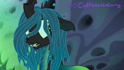 Size: 1280x720 | Tagged: safe, artist:caffeinatedcarny, derpibooru import, edit, screencap, queen chrysalis, changeling, changeling queen, crown, eyeshadow, fangs, female, floppy ears, g4, image, jewelry, makeup, png, redesign, redraw, regalia, screenshots, slit pupils