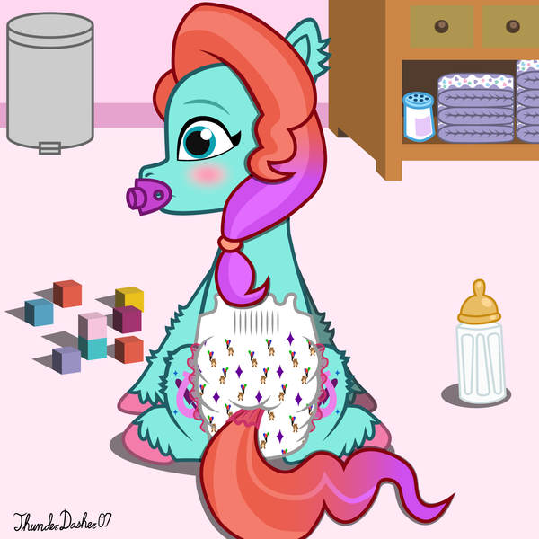 Size: 1280x1280 | Tagged: questionable, artist:thunderdasher07, derpibooru import, earth pony, pony, g5, abdl, adult foal, baby bottle, baby powder, blocks, blushing, both cutie marks, butt, butt focus, caught, changing table, diaper, diaper butt, diaper fetish, diaper pail, ear fluff, female, fetish, hoof fluff, image, jazz hooves, leg fluff, looking back, mare, non-baby in diaper, nursery, pacifier, plot, png, ponytail, poofy diaper, signature, sitting, solo, tail, tail hole, unshorn fetlocks
