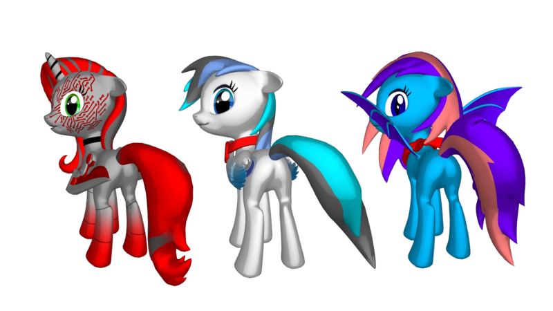 Size: 1920x1080 | Tagged: suggestive, artist:snowy starshine, derpibooru import, oc, oc:frost night, oc:red virus, oc:snowy starshine, alicorn, bat pony, pegasus, pony, robot, robot pony, butt, clothes, headphones, image, jewelry, necklace, png, scarf