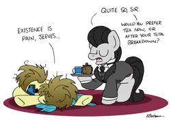 Size: 2379x1671 | Tagged: safe, artist:bobthedalek, derpibooru import, oc, oc:jeeves, oc:kettle master, unofficial characters only, earth pony, pony, butler, clothes, exhausted, eyes closed, image, messy mane, png, suit, teapot, tray