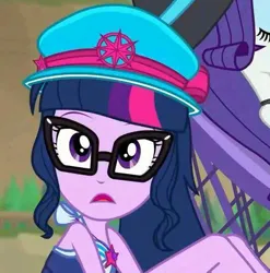 Size: 533x540 | Tagged: safe, derpibooru import, screencap, rarity, sci-twi, twilight sparkle, equestria girls, equestria girls series, forgotten friendship, cap, clothes, cropped, glasses, hat, image, jpeg, open mouth, sci-twi swimsuit, swimsuit, wide eyes